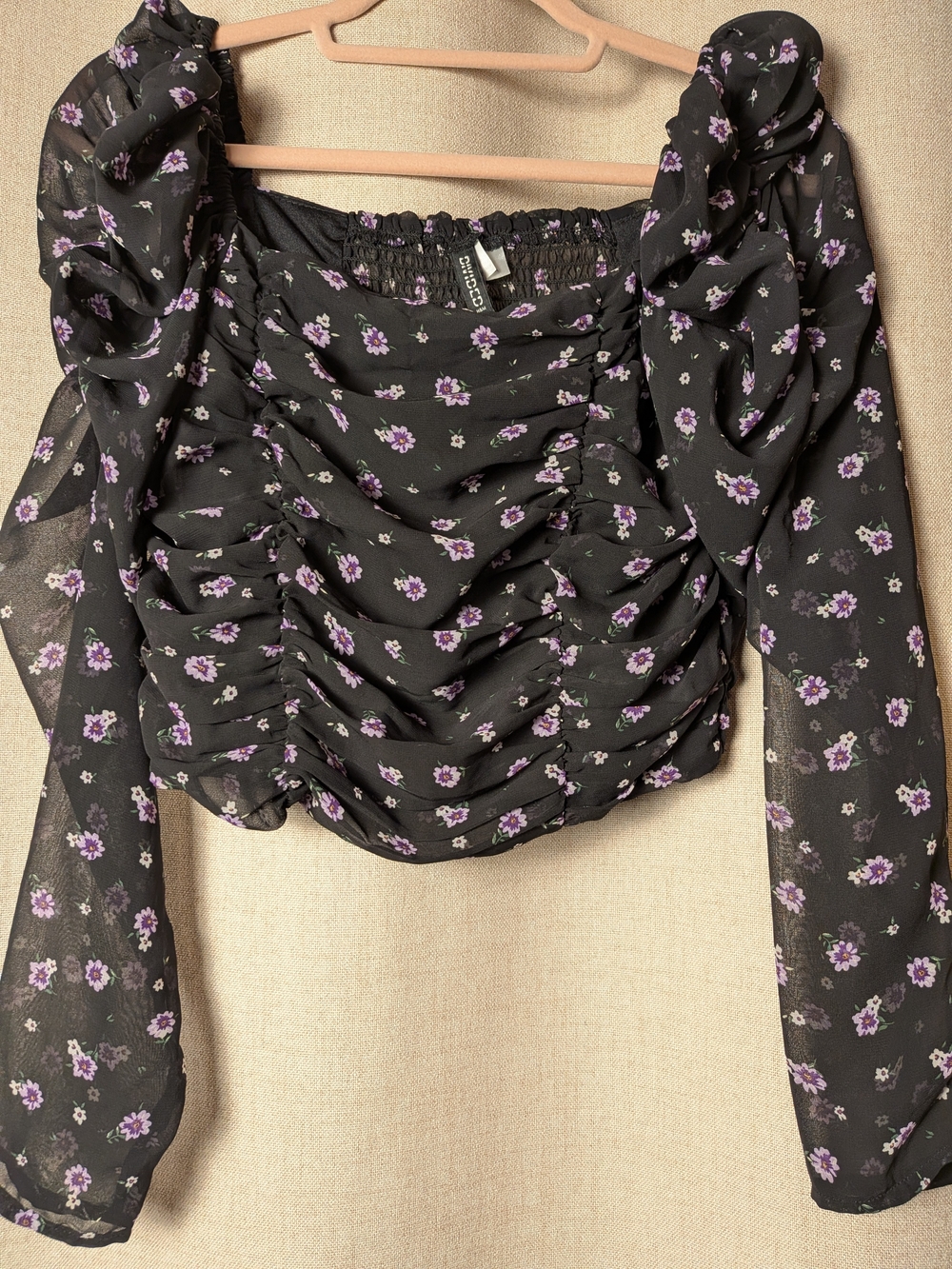 H&M Divided Black Purple Floral Ruched Mesh Crop Top Women's Small Puff Sleeve